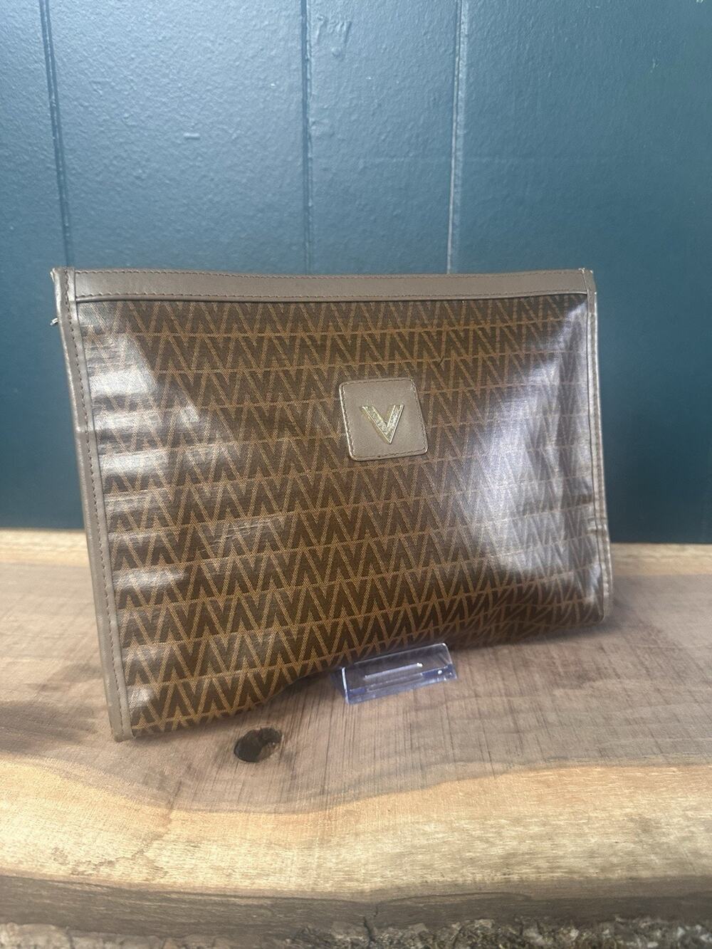 Mario Valentino Vintage Brown V Logo Canvas Zip Clutch Pouch Italy